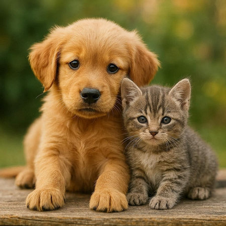 Adorable Golden Retriever puppy and tabby kitten sitting together.の写真素材