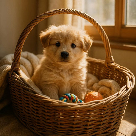 Cute Golden Retriever puppy in a wicker basket.