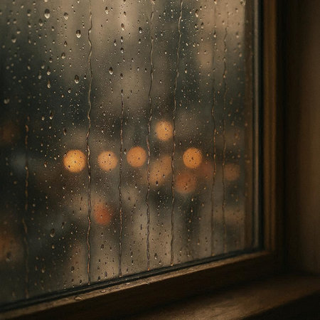 raindrops on the window with bokeh lights in the background