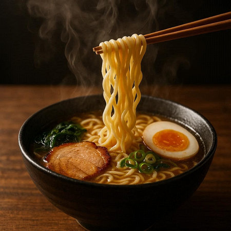 Japanese ramen noodle soup with pork and egg on wooden table