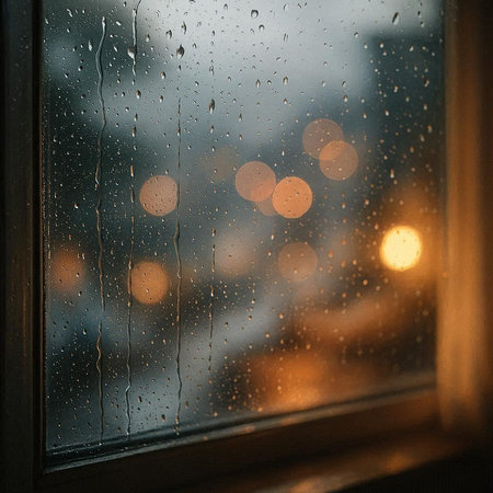 Raindrops on the window with bokeh lights in the background