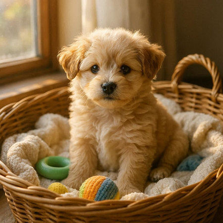 Puppy of a Golden Retriever in a wicker basket