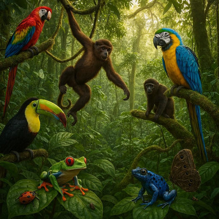 Tropical forest scene with parrots, macaws and other animals