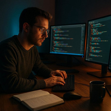 Serious programmer in eyeglasses working on computer in dark room