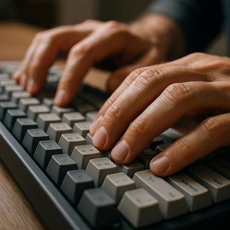 Hands typing on computer keyboard. Close-up of male hands typing on keyboard.