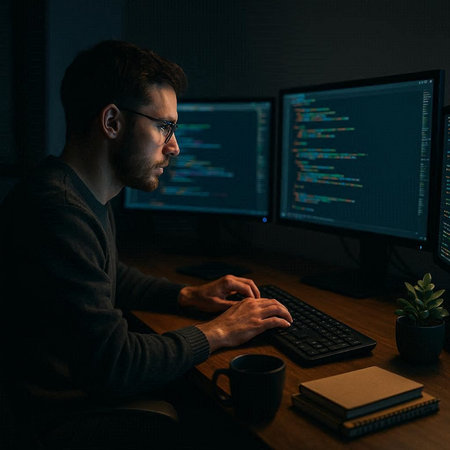 Side view of concentrated programmer working on computer at night in dark office
