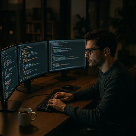 Side view of serious programmer working on computer late at night in dark office