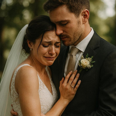 Happy bride and groom embracing and kissing in the park during their wedding.の写真素材