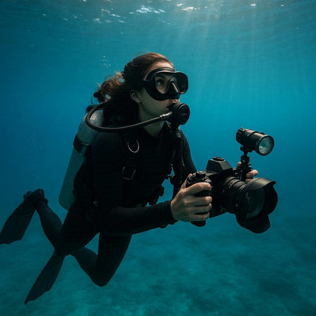 Young woman scuba diver with camera and mask underwater in tropical sea