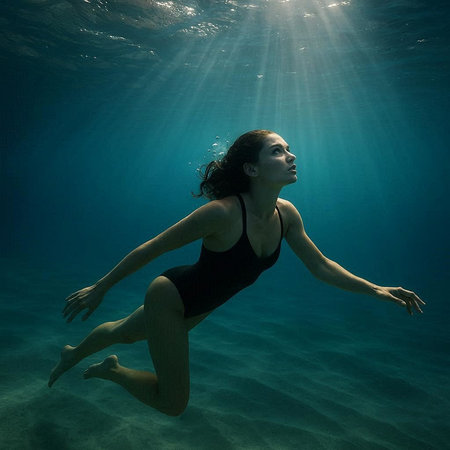 Young woman swimming underwater with sunbeams and lens flare in the background