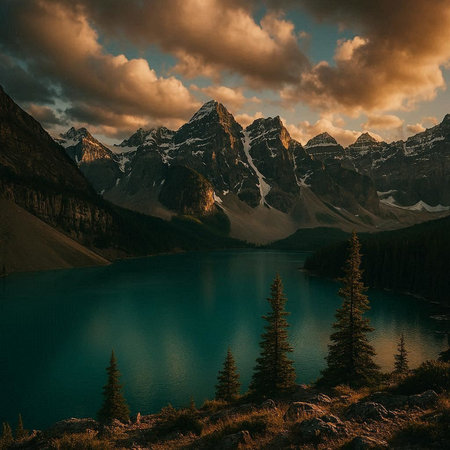 Sunset at Lake Louise, Banff National Park, Alberta, Canadaの写真素材