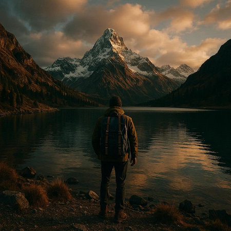 Hike in the mountains. A man with a backpack stands on the shore of a mountain lake.の写真素材