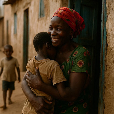 Portrait of a smiling African woman with her son in the street.