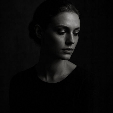 Black and white portrait of a beautiful young woman in a dark room