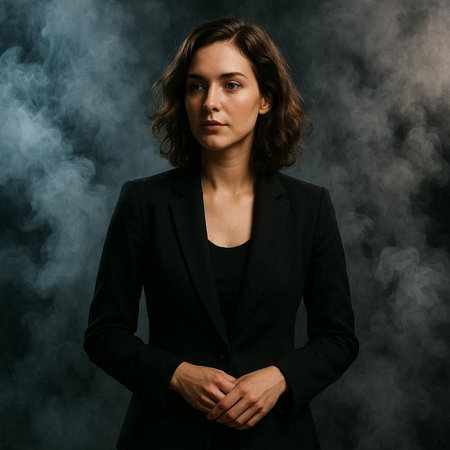 Portrait of a beautiful woman in a black suit. Smoke in the background.