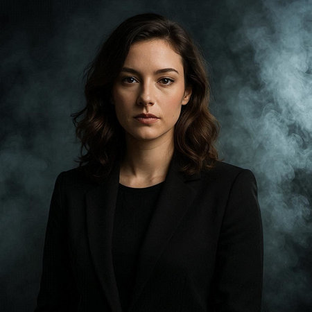 Portrait of a beautiful brunette woman in a black suit on a dark background