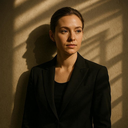 Portrait of a woman in a black suit on a light background
