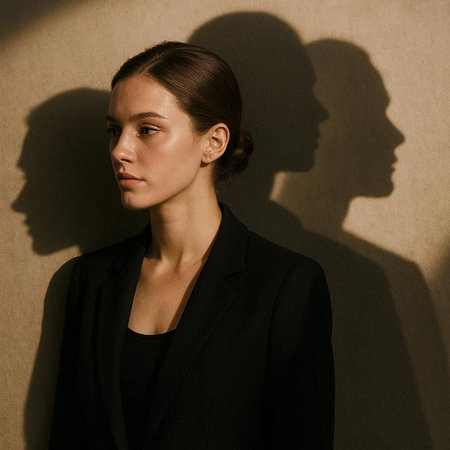 portrait of a beautiful young woman in a black suit with shadow on the wall