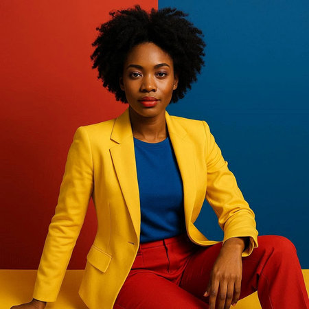 Fashionable african american woman in yellow jacket and red pants posing on colorful background