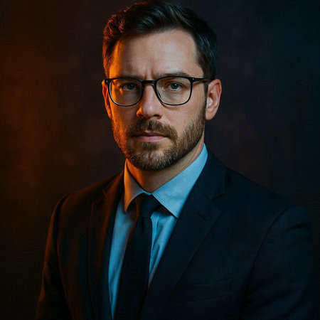 Portrait of a handsome man in a suit and glasses. Studio shot.