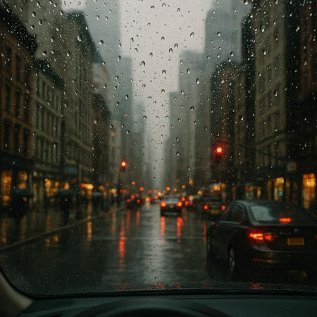 Rain drops on the glass of the car on the background of the city