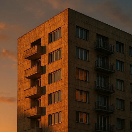 Modern apartment building at sunset. Fragment of a modern apartment building.