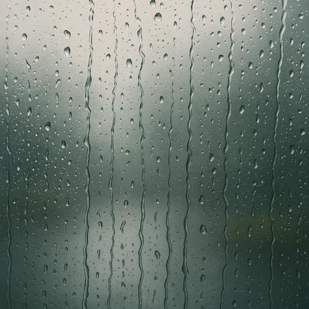 Rain drops on window glass, rainy weather background. Abstract texture.の写真素材