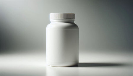 Bottle of pills on a white background. Focus on foreground.