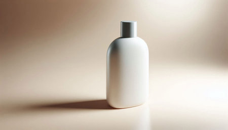 Blank white cosmetic bottle on a beige background with hard shadowsの写真素材