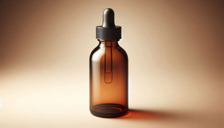 Glass dropper bottle with brown liquid on a beige background.の写真素材