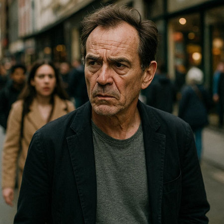 Portrait of an elderly man with gray hair in the city.
