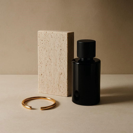 Bottle of perfume and golden ring on a beige background.の写真素材