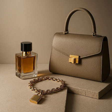 Women's leather bag, perfume bottle and a chain on a gray backgroundの写真素材