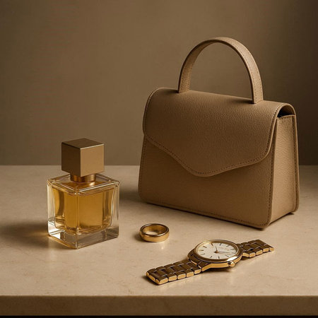 Women's accessories on a beige background. Handbag, watch and perfumeの写真素材