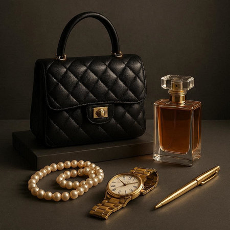 Still life with perfume, watches and pearls on a black backgroundの写真素材