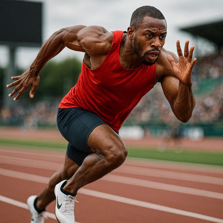 Athlete running on a track and field. Athlete sprinting.の写真素材