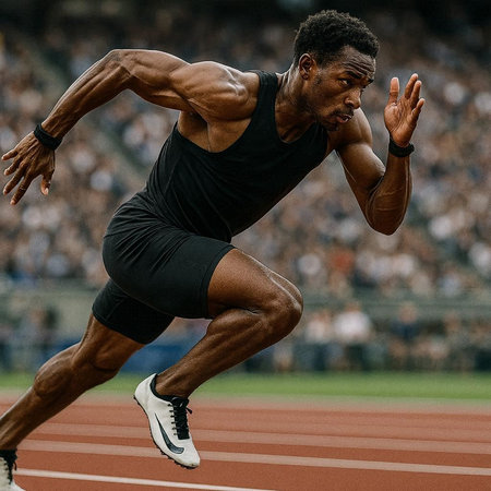African American male athlete in action during a track and field competition.