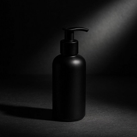 Black cosmetic bottle on a dark background. 3d rendering. Mock up.の写真素材
