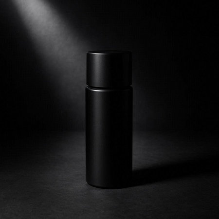 Black cosmetic bottle on a black background. 3d rendering mock up