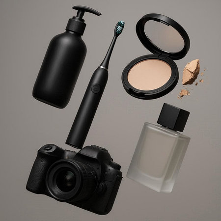collection of make up and cosmetic beauty products on grey background. each one is shot separately
