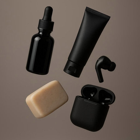 Set of black cosmetic bottles with dropper, soap and shower gel.