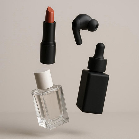 Lipsticks and perfume bottle on white background. 3d rendering