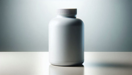 White plastic medicine bottle on white table and grey background. Close up.