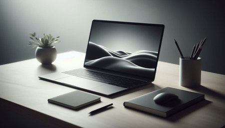 Laptop and stationery on a wooden table. 3d rendering.