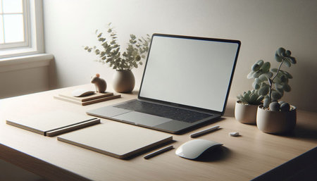 Laptop with blank screen and stationery on wooden table in office