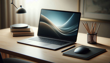 Laptop with blank screen and stationery on wooden table. Mock up