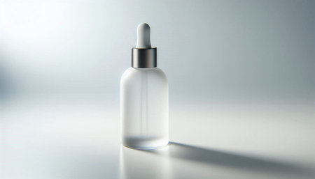 Transparent glass dropper bottle with pipette on a white background.
