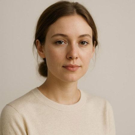 Portrait of a young woman with natural make-up and freckles.