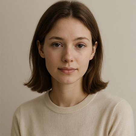 portrait of a young woman in a beige sweater on a gray background