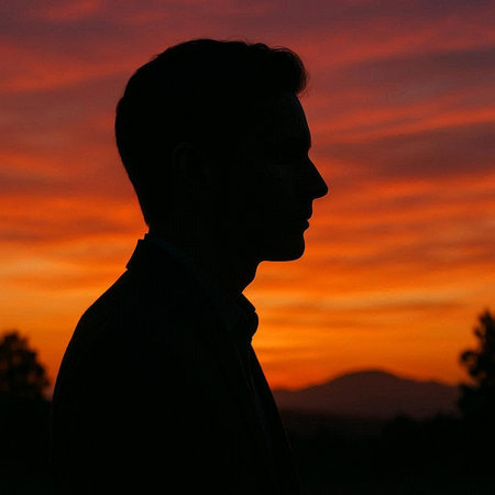 Silhouette of a man at sunset on a hillside.